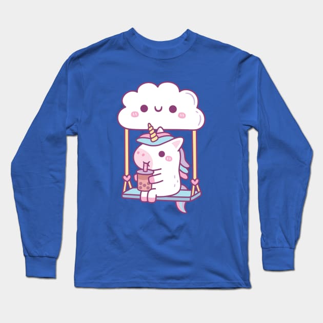 Cute Little Unicorn Drinking Bubble Tea On Cloud Swing Long Sleeve T-Shirt by rustydoodle